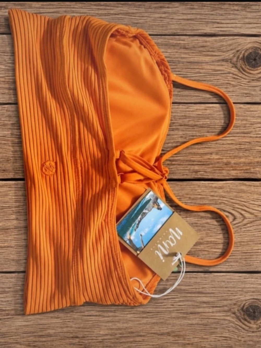 Orange Ribbed Bandeau Bikini Top with Thin Straps